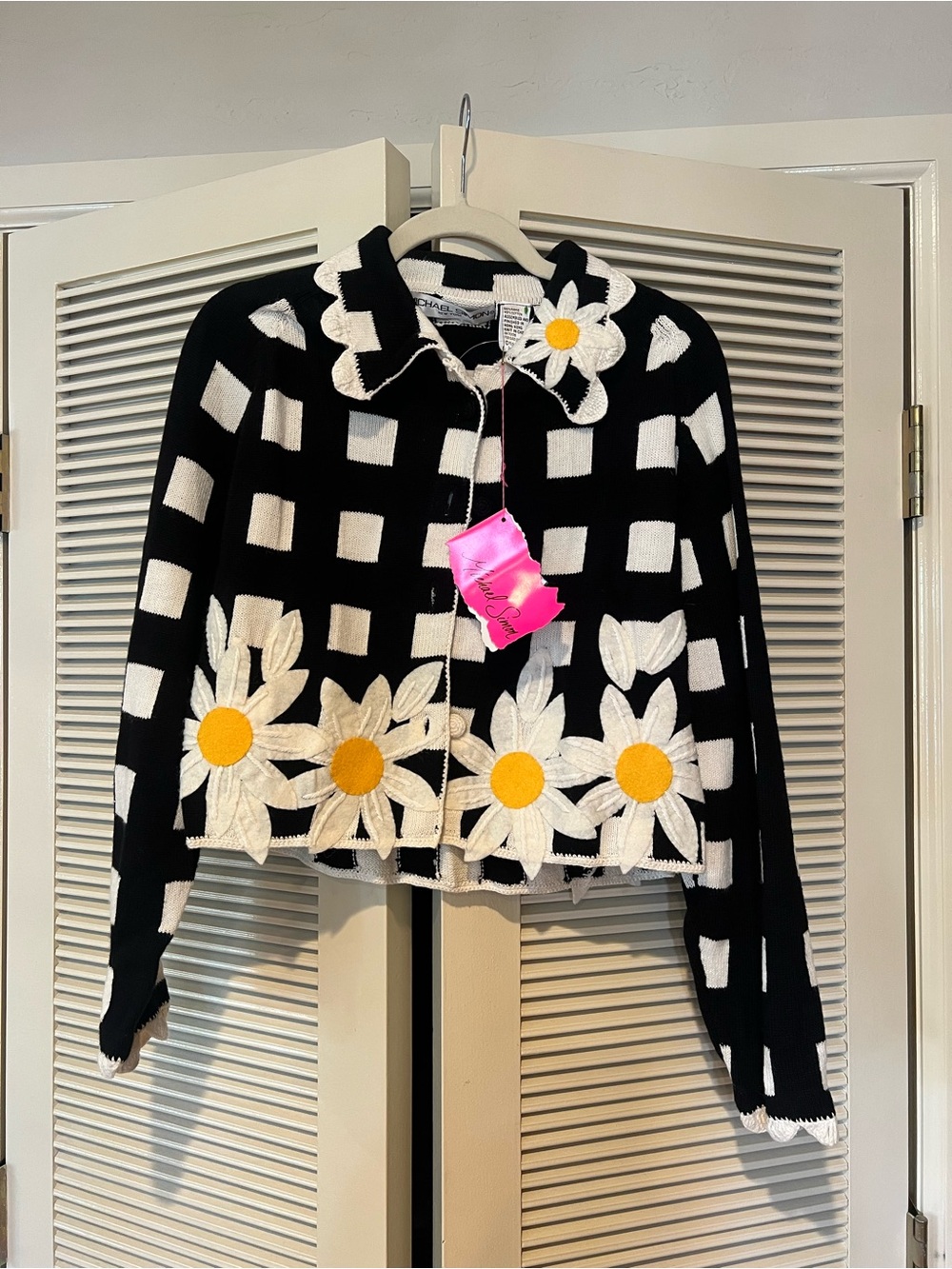 NWT Vintage Michael Simon Black & White Check Cardigan with Yellow Daisy Accents